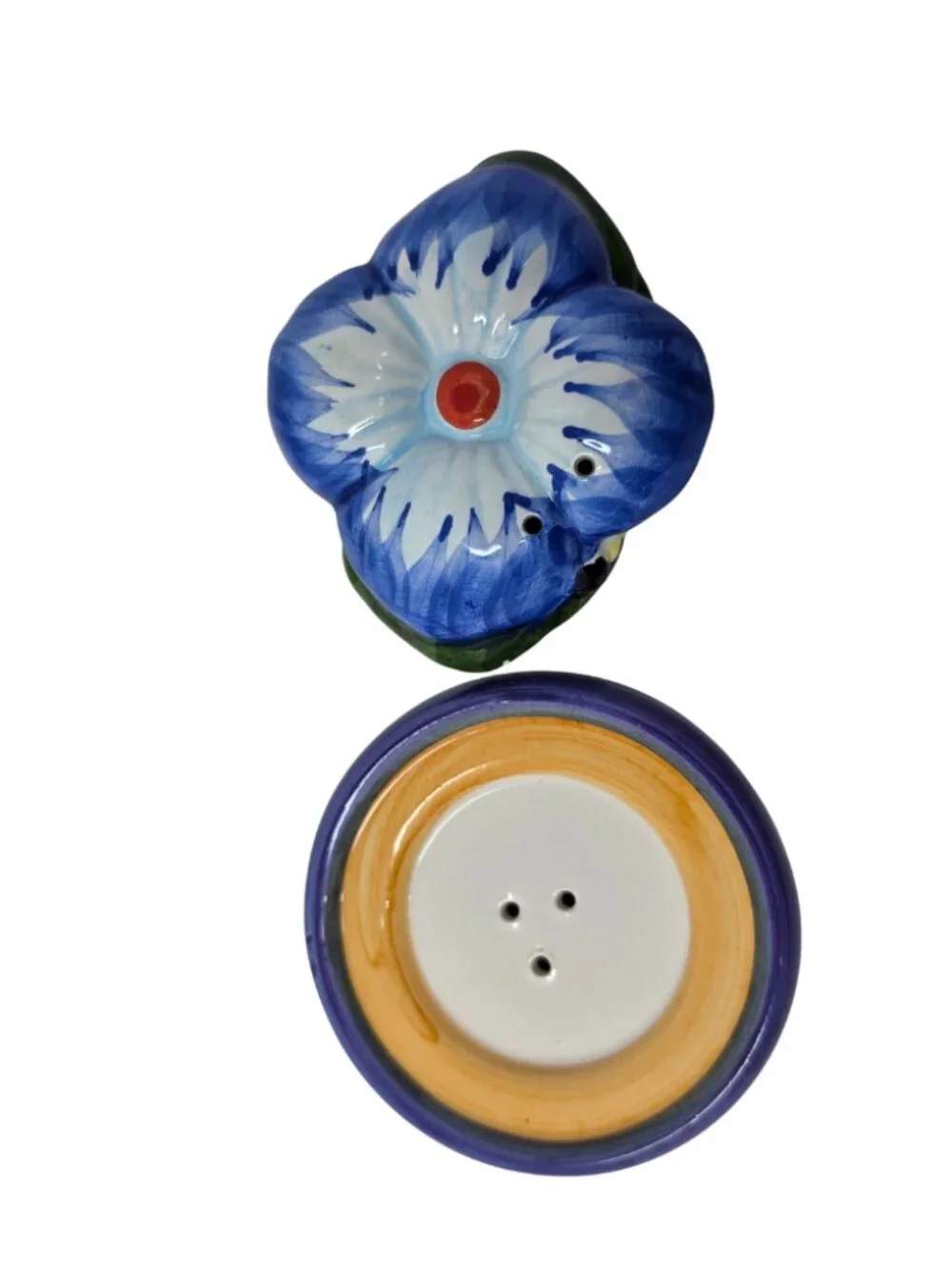 Vtg 90s Blue Flower in Pot Stacking Ceramic Salt and Pepper Shakers Floral Bloom